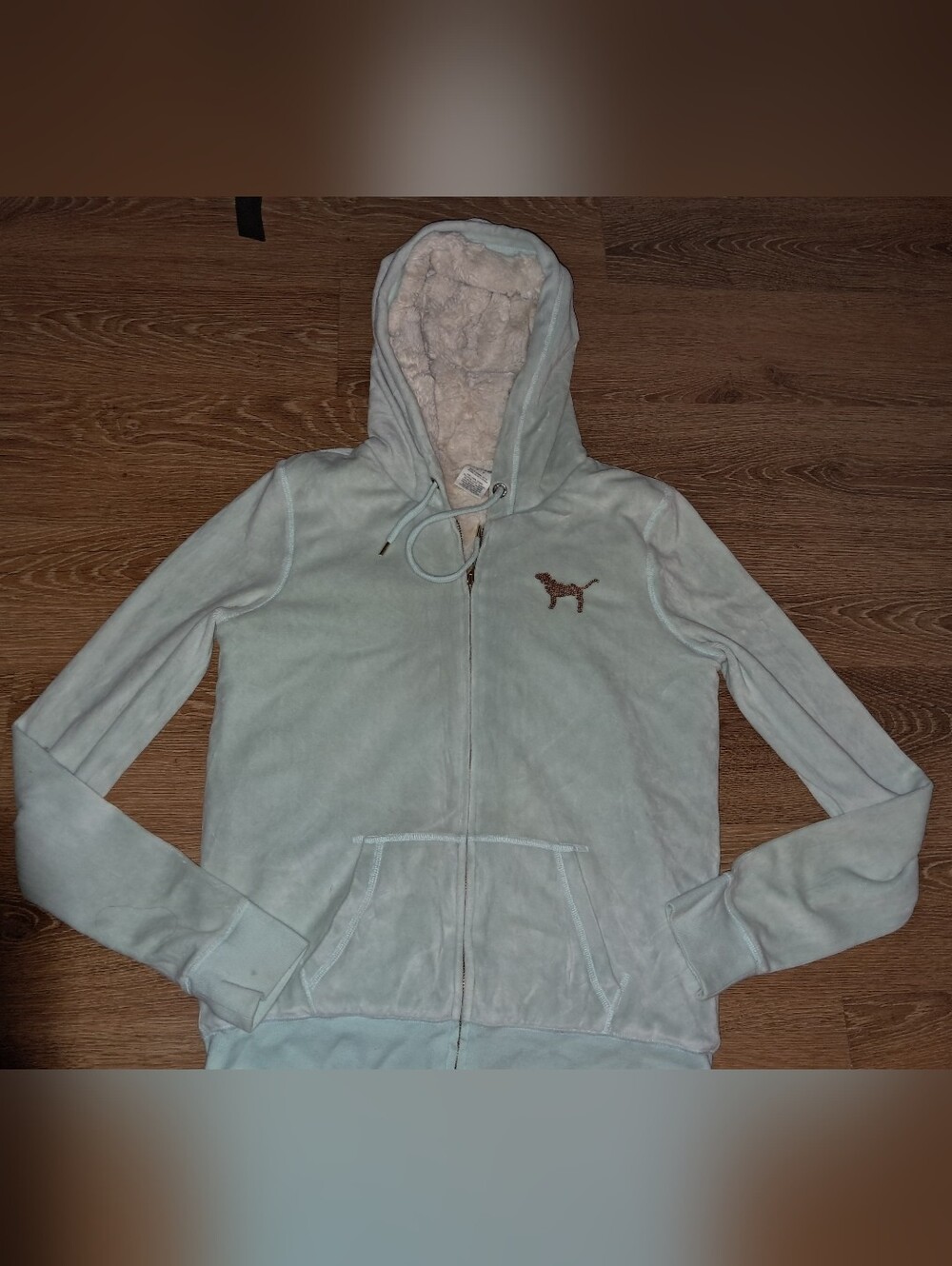 LOVE PINK Victoria's Secret Velour Fur Lined Hoodie Gold Sequins Bling Y2k - Picture 3 of 6
